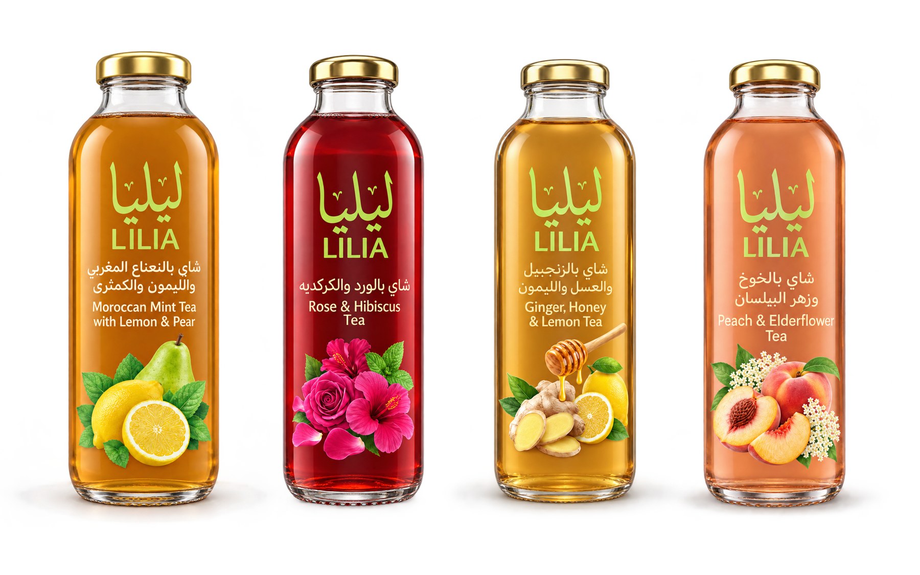The four LILIA flavours in clear glass bottles with gold caps